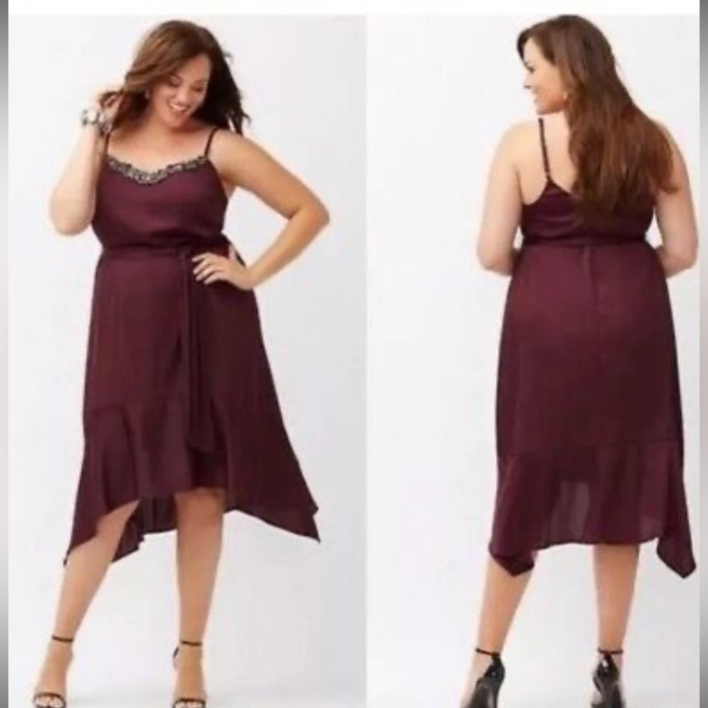 Lane Bryant Wine Burgundy Midi Dress with Beaded Neckline